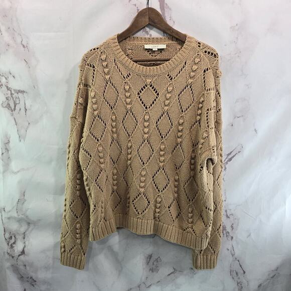 Ann Taylor LOFT Sweater Womens Large Beige Tan Bobble Pom Pom Diamond Fisherman - Picture 1 of 12